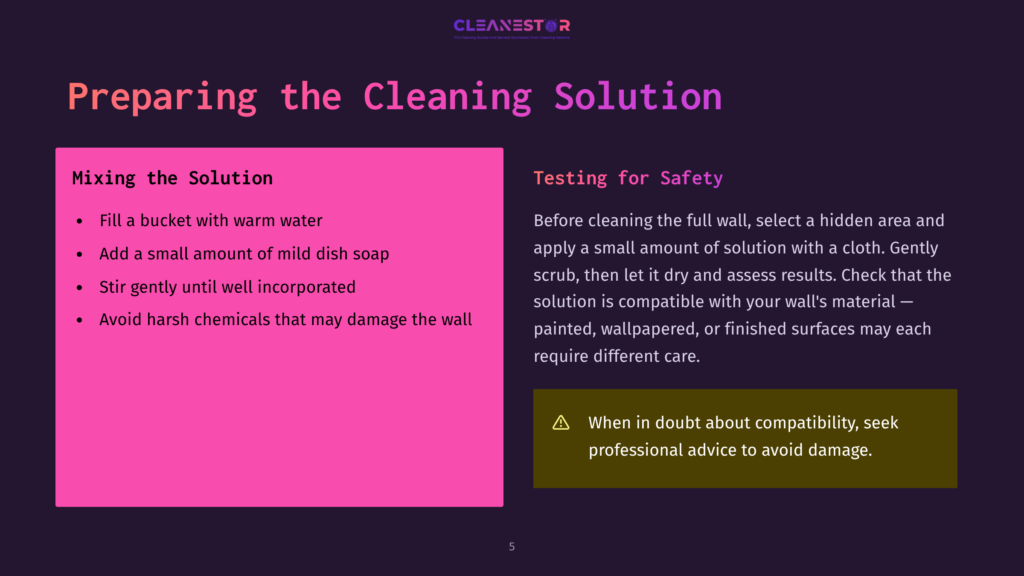 Slide Titled &Quot;Preparing The Cleaning Solution&Quot; With Instructions For Mixing, Including Filling A Bucket, Adding Mild Dish Soap, Stirring Gently, And Avoiding Harsh Chemicals.