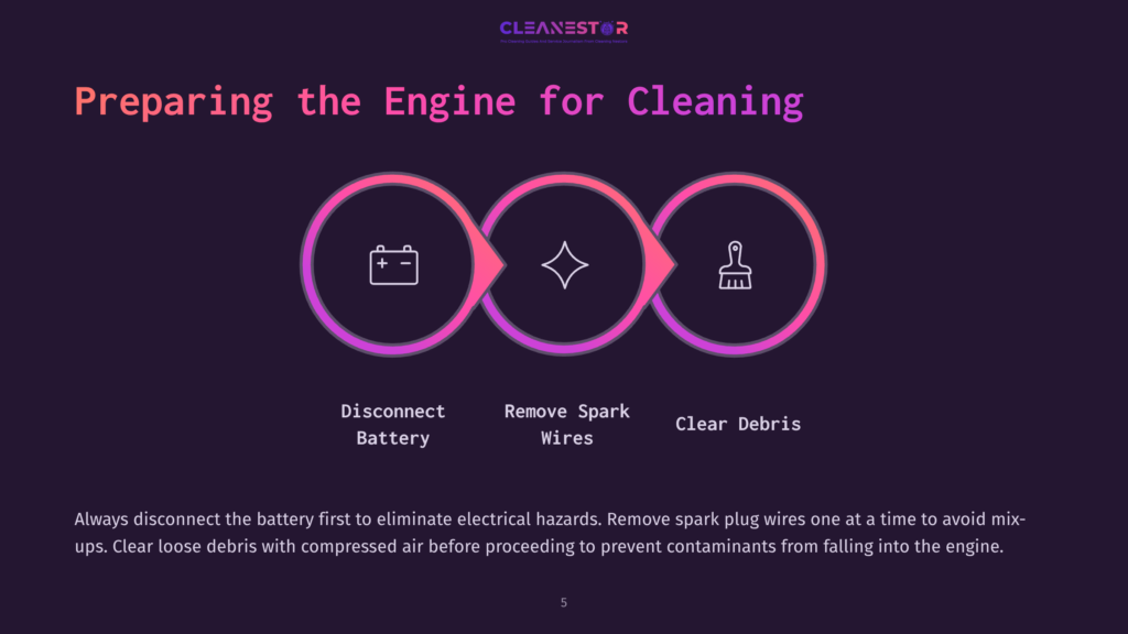 Diagram Showing The Steps To Prepare An Engine For Cleaning: Disconnect Battery, Remove Spark Wires, And Clear Debris. The Text &Quot;Cleanestor&Quot; Is At The Top.