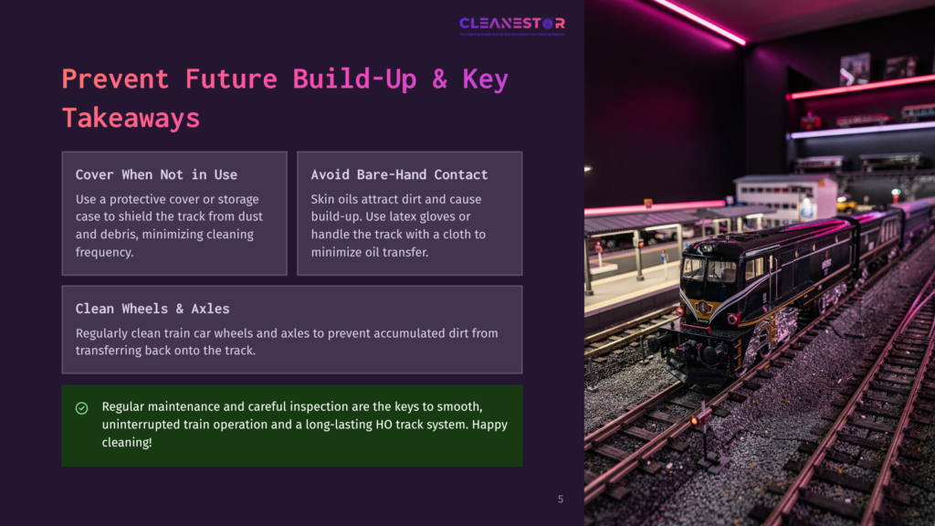 A Detailed Close-Up Of A Black Ho Scale Model Train Engine And Its Cars On A Meticulously Laid Track, With A Blurred Station Platform And Building In The Background. The Text &Quot;Cleanestor&Quot; Is Visible At The Top.