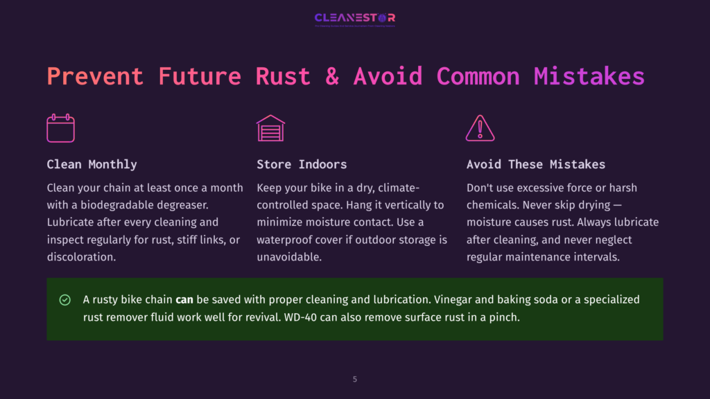 Infographic Slide Titled &Quot;Prevent Future Rust &Amp; Avoid Common Mistakes&Quot; With Three Icons: A Chain, A House, And An Exclamation Mark, Offering Tips On Bike Maintenance And Rust Prevention.