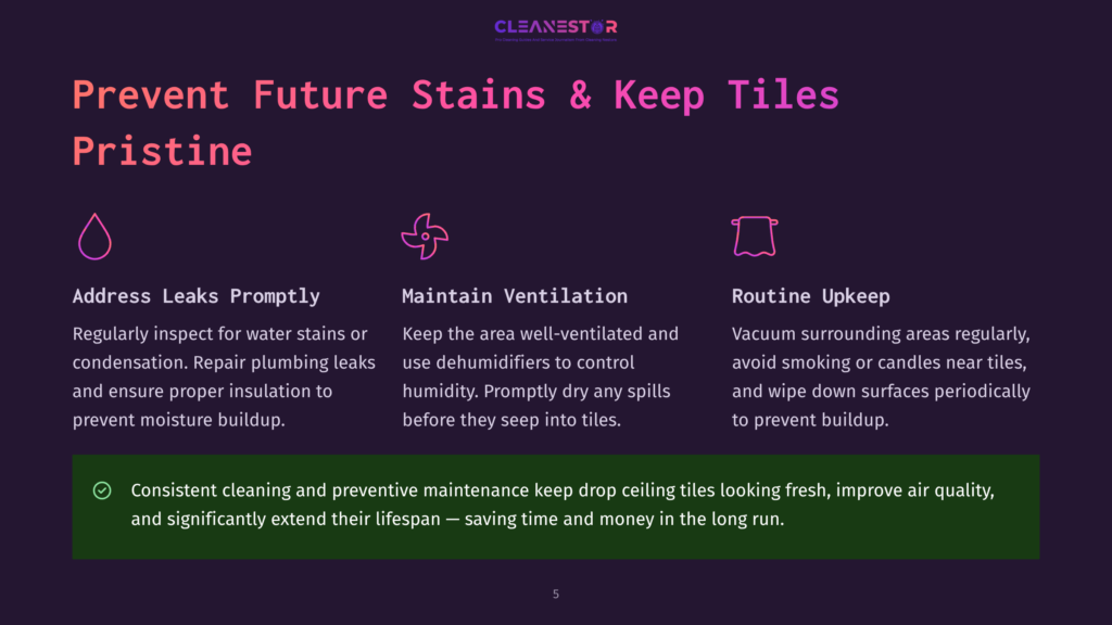 Prevent Future Stains And Keep Tiles Pristine With Tips On Addressing Leaks, Maintaining Ventilation, And Routine Upkeep. Includes Icons For Water Drop, Fan, And Showerhead.