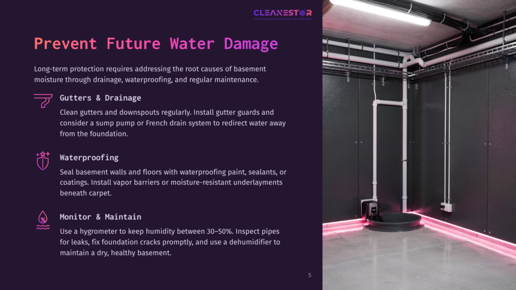 A Basement Interior With Plumbing Pipes, Electrical Conduits, And Pink Led Lighting. Text Overlay Reads: &Quot;Cleanestor. Prevent Future Water Damage. Gutters &Amp; Drainage. Waterproofing. Monitor &Amp; Maintain.