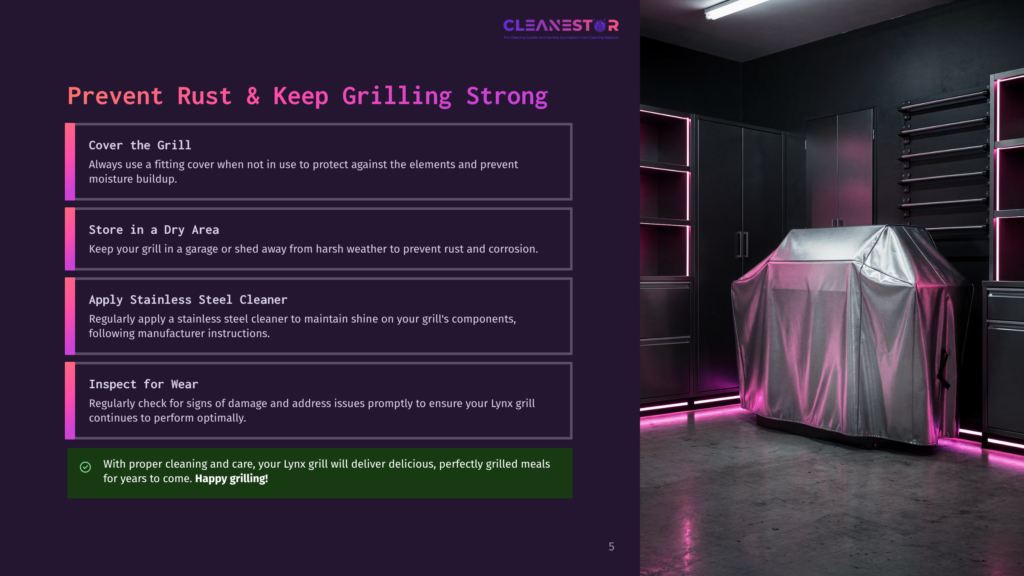 5 Prevent Rust And Keep Grilling Strong A Covered Grill Glows With Purple Light In A Modern, Dark Garage, With Text Overlay Detailing How To Prevent Rust And Keep Your Grill In Top Condition.