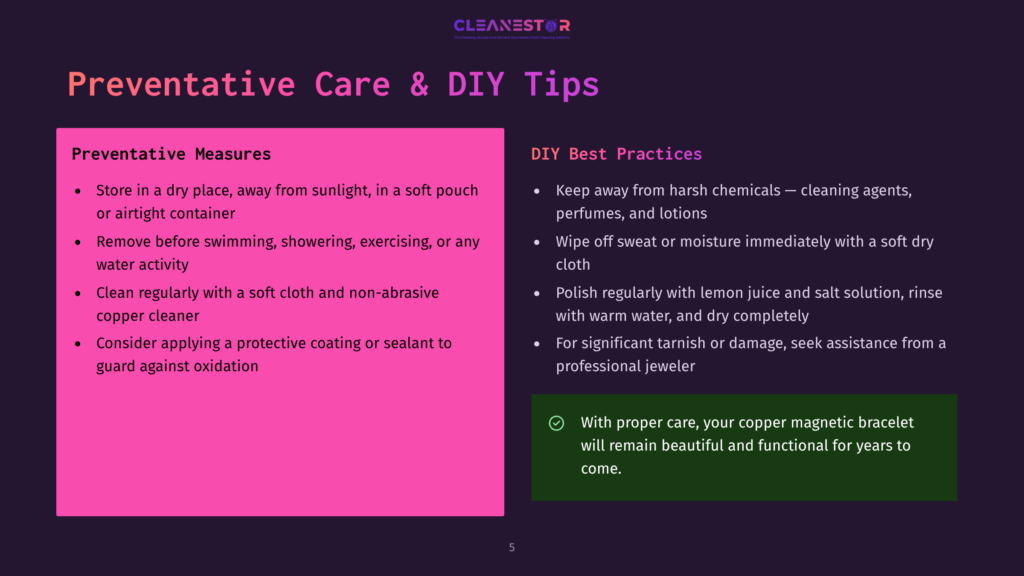 Infographic Titled &Quot;Preventative Care &Amp; Diy Tips&Quot; Displays Two Sections: &Quot;Preventative Measures&Quot; And &Quot;Diy Best Practices&Quot;. The Background Alternates Between Pink And Blue, With White Text. &Quot;Preventative Measures&Quot; Include Storing In A Dry Place, Removing Before Water Activity, Cleaning Regularly, And Considering A Protective Coating. &Quot;Diy Best Practices&Quot; Suggest Keeping Away From Harsh Chemicals, Wiping Sweat, Polishing With Lemon Juice, And Seeking Professional Help For Significant Damage.