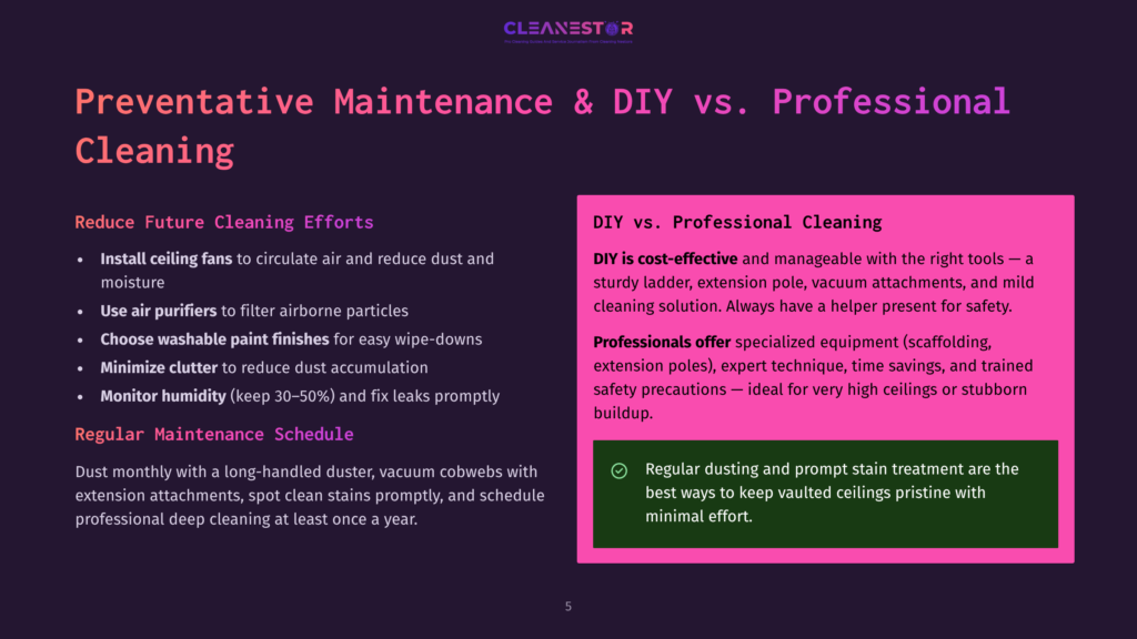 Preventative Maintenance &Amp; Diy Vs. Professional Cleaning Comparison Chart. Left Side Lists Diy Tasks Like Installing Ceiling Fans And Using Air Purifiers. Right Side Discusses Professional Cleaning Benefits.