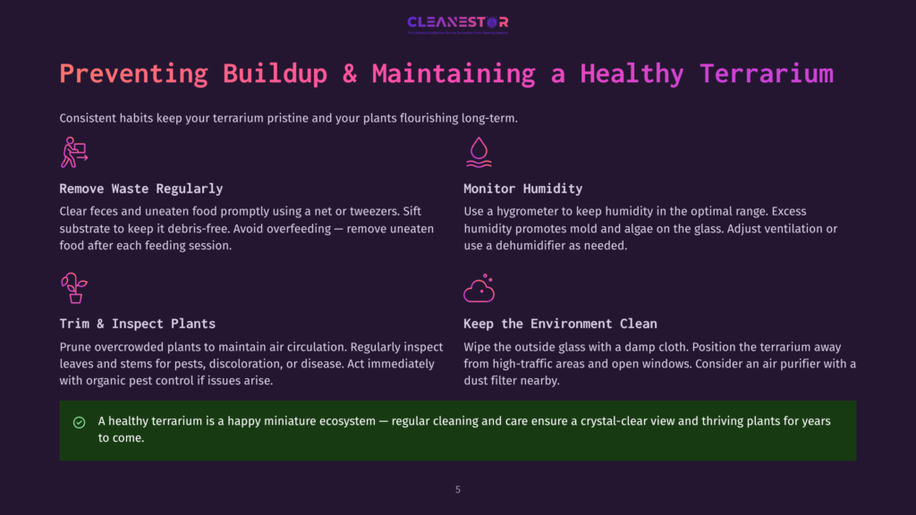 A Presentation Slide Titled &Quot;Preventing Buildup &Amp; Maintaining A Healthy Terrarium&Quot; With Tips Like &Quot;Remove Waste Regularly,&Quot; &Quot;Monitor Humidity,&Quot; &Quot;Trim &Amp; Inspect Plants,&Quot; And &Quot;Keep The Environment Clean.