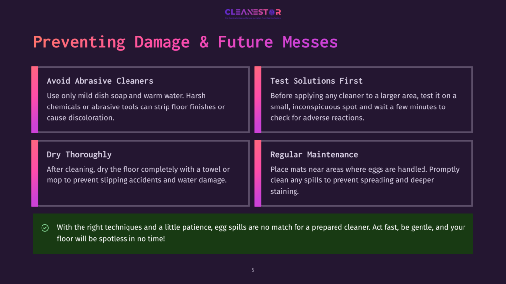 Infographic Detailing Tips For Preventing Damage And Future Messes. Sections Include &Quot;Avoid Abrasive Cleaners,&Quot; &Quot;Test Solutions First,&Quot; &Quot;Dry Thoroughly,&Quot; And &Quot;Regular Maintenance.&Quot; The Background Is A Dark Purple, And Text Is White.