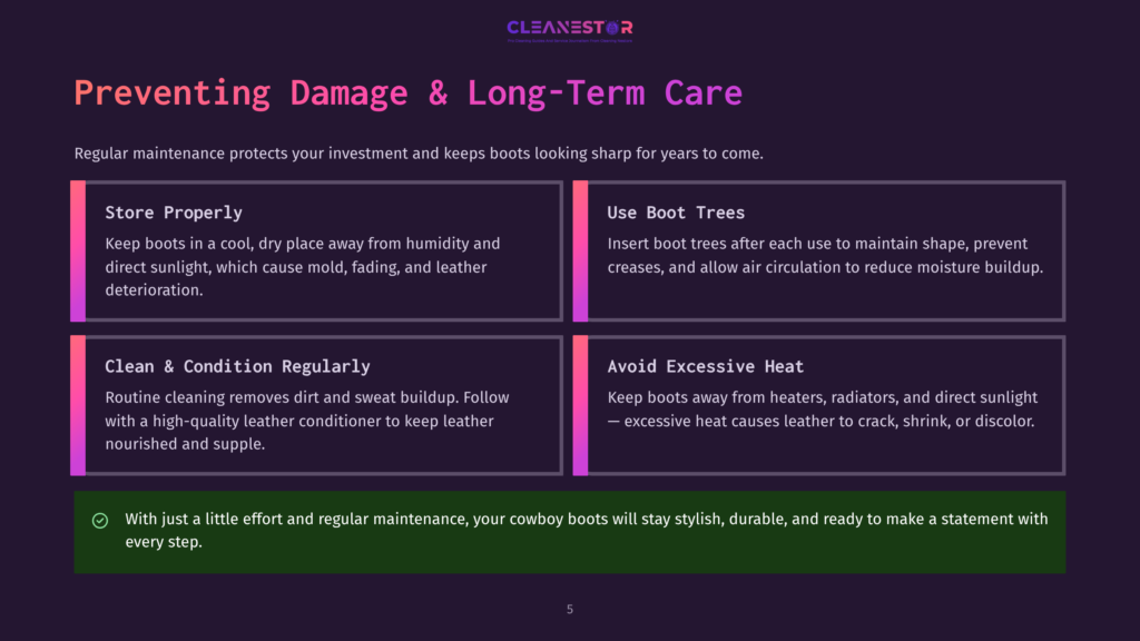 Infographic With Text: &Quot;Preventing Damage &Amp; Long-Term Care&Quot; For Boots, Detailing Proper Storage, Boot Trees, Cleaning, And Avoiding Heat.