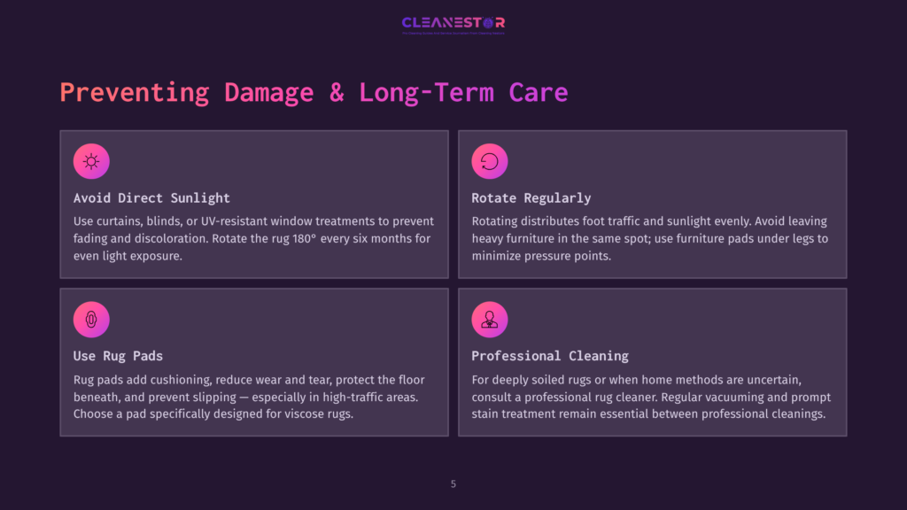 Cleanestor Logo And Infographic Detailing How To Prevent Rug Damage: Avoid Direct Sunlight, Rotate Regularly, Use Rug Pads, And Get Professional Cleaning.