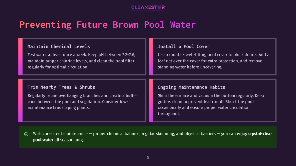 Infographic On Preventing Future Brown Pool Water With Sections On Maintaining Chemical Levels, Installing A Pool Cover, Trimming Nearby Trees And Shrubs, And Ongoing Maintenance Habits. A Green Banner Highlights The Benefits Of Consistent Maintenance.