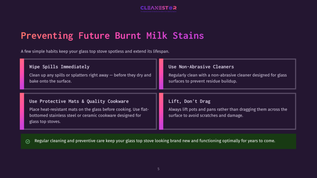 Infographic Titled &Quot;Preventing Future Burnt Milk Stains&Quot; With Four Key Tips: Wipe Spills Immediately, Use Non-Abrasive Cleaners, Use Protective Mats &Amp; Quality Cookware, And Lift, Don'T Drag. A Green Checkmark Highlights &Quot;Regular Cleaning And Preventive Care Keep Your Glass Top Stove Looking Brand New And Functioning Optimally For Years To Come.
