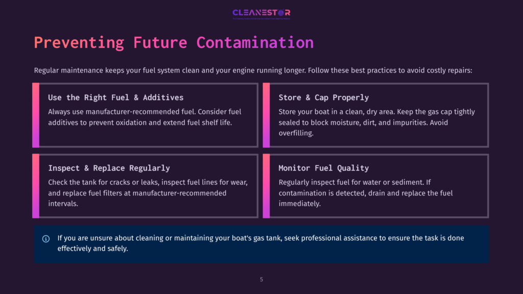 5 Preventing Future Contamination Infographic Titled &Quot;Preventing Future Contamination&Quot; With Tips On Fuel System Maintenance For Boats, Including Using The Right Fuel, Proper Storage, Regular Inspection, And Monitoring Fuel Quality.