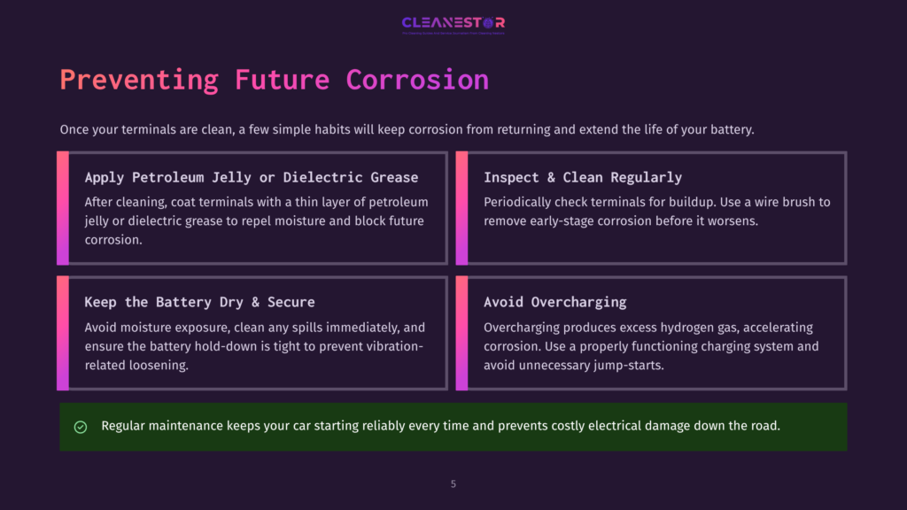 5 Preventing Future Corrosion Preventing Future Corrosion: Apply Petroleum Jelly Or Dielectric Grease To Clean Battery Terminals, Inspect And Clean Regularly, Keep The Battery Dry And Secure, And Avoid Overcharging. Regular Maintenance Keeps Your Car Starting Reliably.