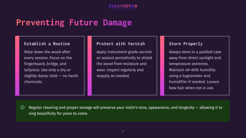 5 Preventing Future Damage Infographic Titled &Quot;Preventing Future Damage&Quot; With Three Columns: &Quot;Establish A Routine,&Quot; &Quot;Protect With Varnish,&Quot; And &Quot;Store Properly.&Quot; It Details Violin Care, Including Cleaning, Varnish Application, And Humidity Control, With A Final Tip About Regular Cleaning Preserving Tone.