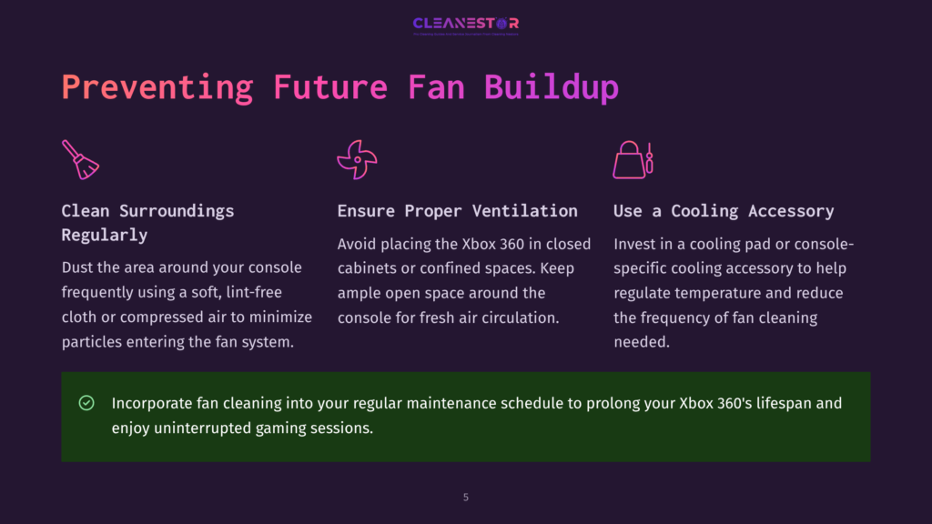 Infographic Titled &Quot;Preventing Future Fan Buildup&Quot; With Icons For Cleaning, Ventilation, And Cooling Accessories, Offering Tips For Xbox 360 Maintenance.