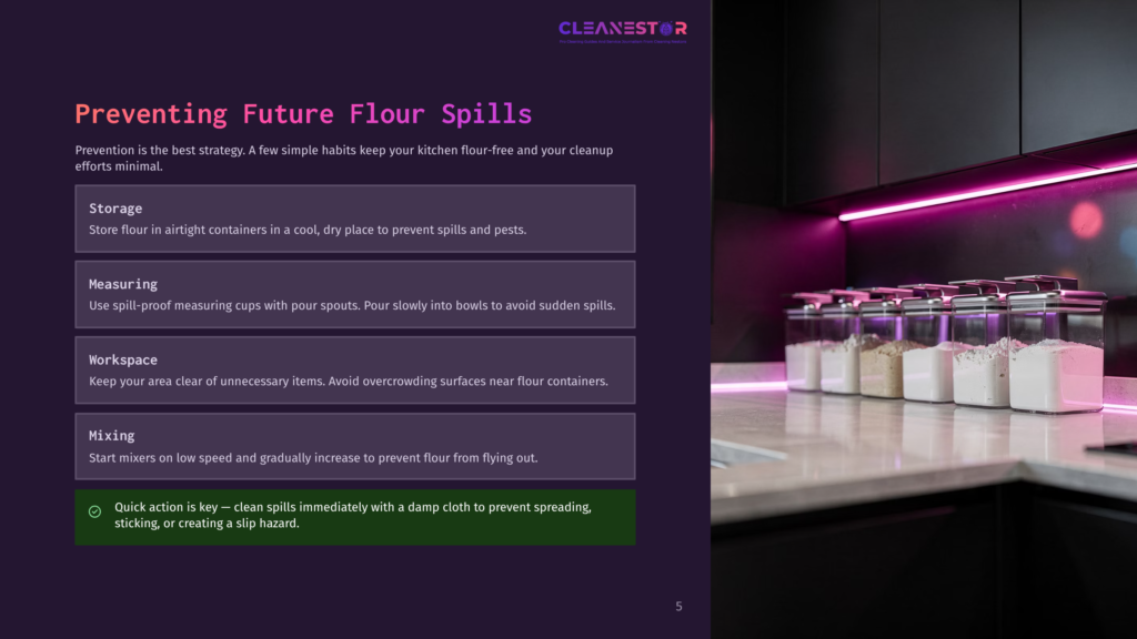5 Preventing Future Flour Spills Kitchen Counter With Neatly Stacked Clear Flour Containers, Illuminated By Vibrant Pink Led Lighting.