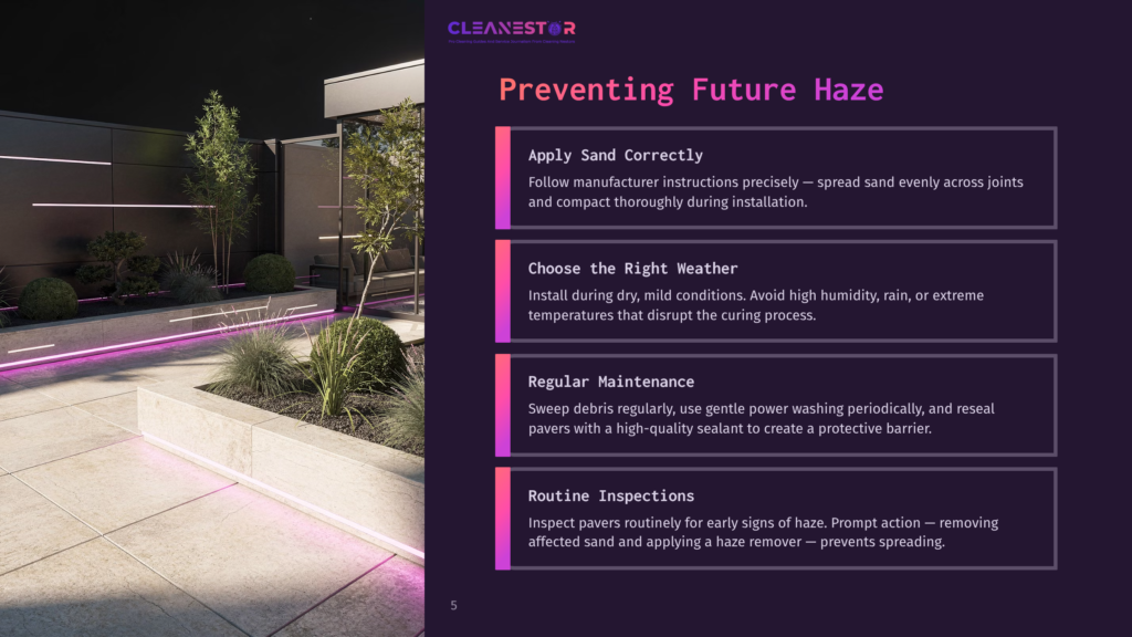 Cleanestor Presentation Slide Titled &Quot;Preventing Future Haze&Quot; With Tips On Applying Sand, Choosing Weather, Regular Maintenance, And Routine Inspections For Paving Stones.