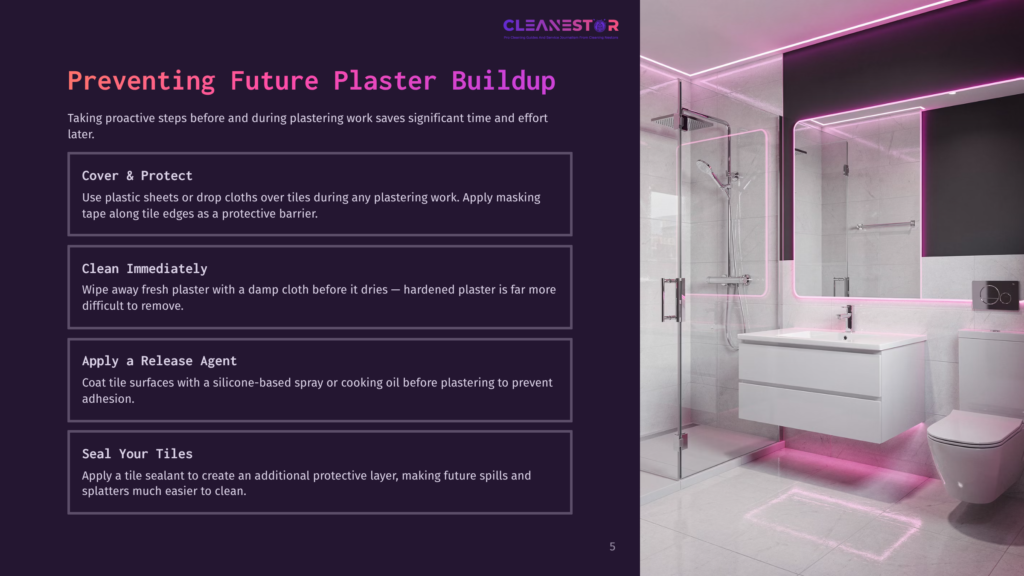 5 Preventing Future Plaster Buildup Modern Bathroom With A Sleek White Vanity, Toilet, And Glass Shower Enclosure, Illuminated By Vibrant Pink Neon Accent Lighting.