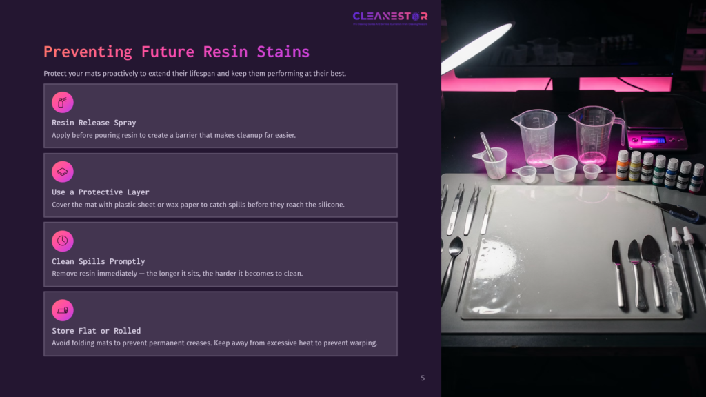 A Resin Art Workspace With Tools And Supplies, Including Measuring Cups, Resin Bottles, Tweezers, And A Protective Mat On A Table. Text Overlay Reads &Quot;Cleanestor Preventing Future Resin Stains&Quot;.