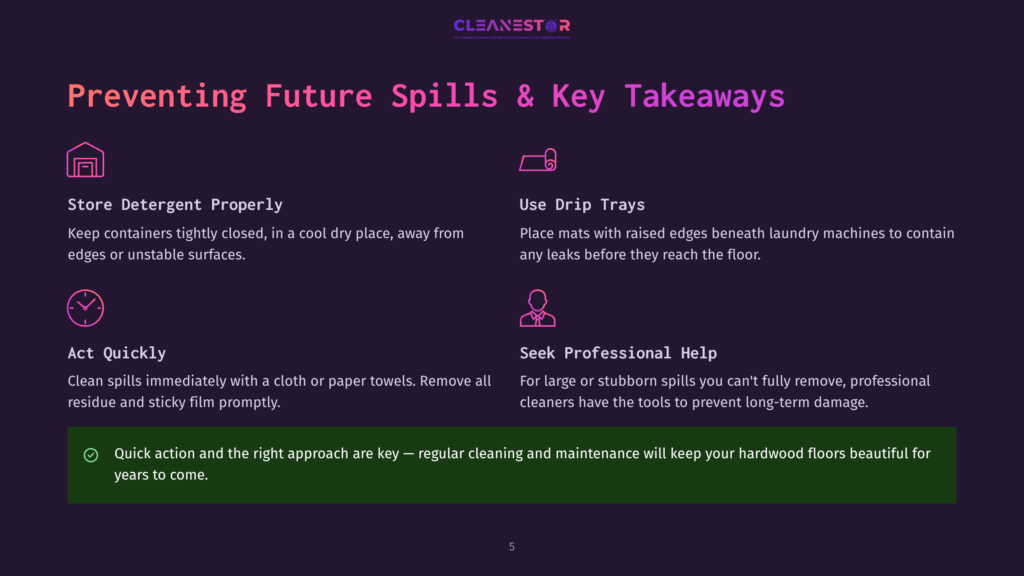 Infographic With Tips For Preventing Future Spills On Hardwood Floors. Sections Include Proper Detergent Storage, Using Drip Trays, Acting Quickly, And Seeking Professional Help. A Green Checkmark Highlights The Importance Of Quick Action And Regular Maintenance.