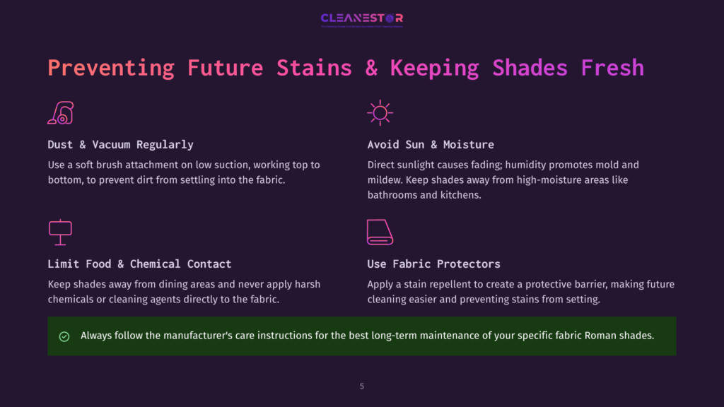 Infographic With Text: &Quot;Preventing Future Stains &Amp; Keeping Shades Fresh.&Quot; Tips Include Dust &Amp; Vacuum Regularly, Avoid Sun &Amp; Moisture, Limit Food &Amp; Chemical Contact, And Use Fabric Protectors. Always Follow Manufacturer'S Care Instructions.