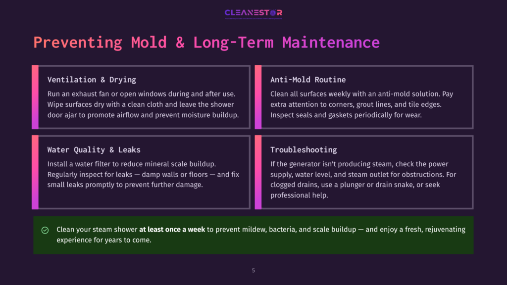 5 Preventing Mold And Long Term Maintenance Infographic Titled &Quot;Preventing Mold &Amp; Long-Term Maintenance&Quot; With Four Sections: Ventilation &Amp; Drying, Anti-Mold Routine, Water Quality &Amp; Leaks, And Troubleshooting. Includes A Green Checkmark With Text About Cleaning Steam Showers.