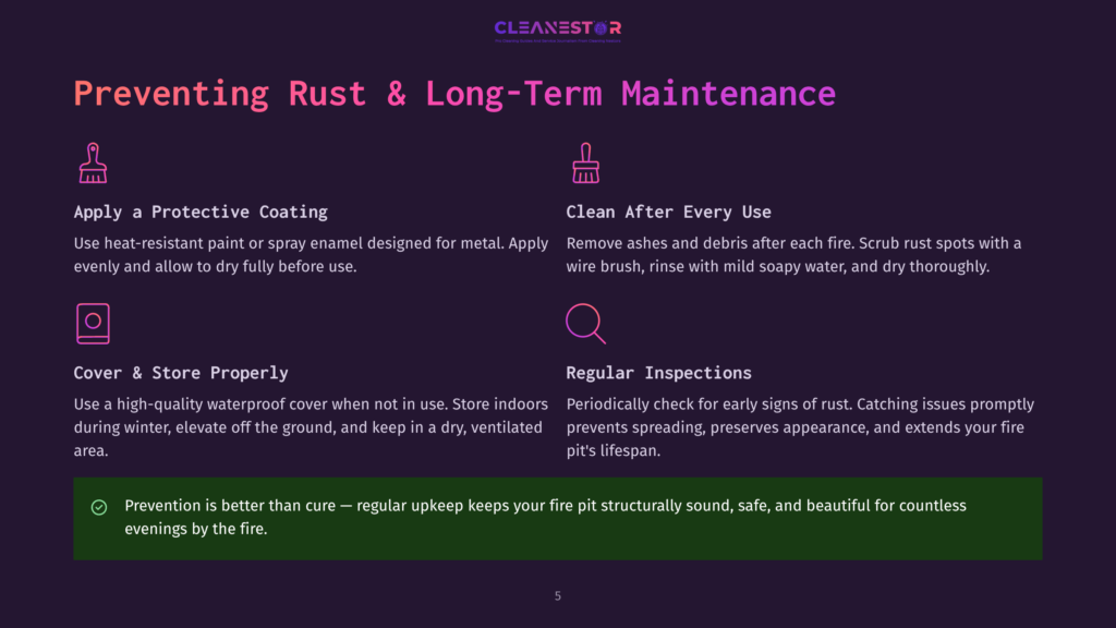 5 Preventing Rust And Long Term Maintenance Infographic With Text On Preventing Rust And Long-Term Maintenance For Fire Pits, Featuring Icons For Protective Coating, Cleaning, And Storage.