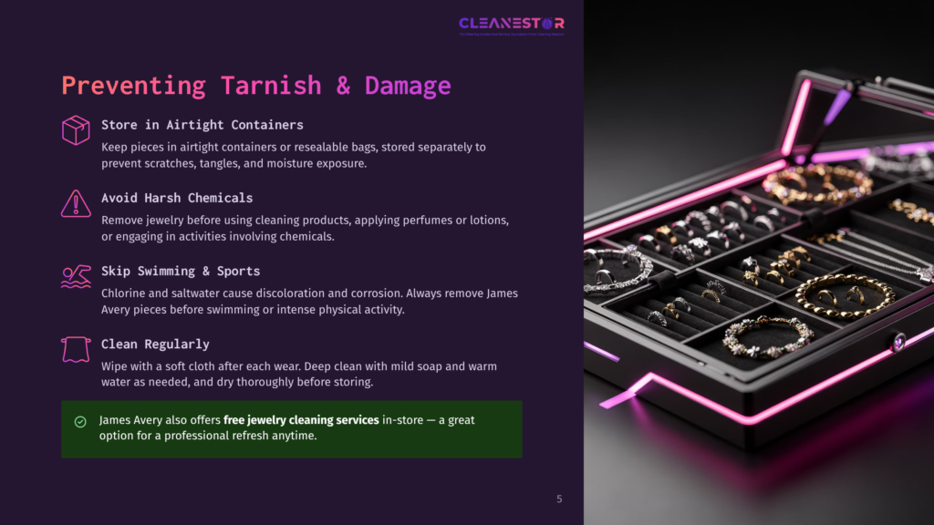 5 Preventing Tarnish And Damage A Sleek Black Jewelry Box With Pink Led Lighting Displays Various Necklaces, Bracelets, And Rings Neatly Organized In Separate Compartments.