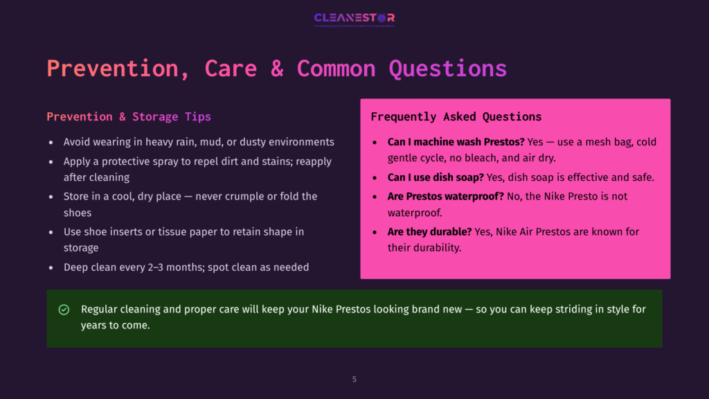 5 Prevention Care And Common Questions Cleanestor Logo. Text Reads &Quot;Prevention, Care &Amp; Common Questions&Quot; With Bulleted Lists Of Advice For Shoe Care And Frequently Asked Questions About Nike Prestos.