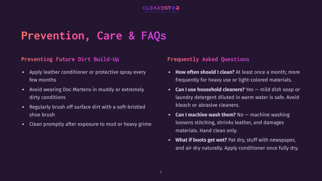 5 Prevention Care And Faqs Cleanestor Logo At The Top Of A Dark Purple Slide With Text About Preventing Dirt Build-Up On Doc Martens, Cleaning Tips, And Faqs.
