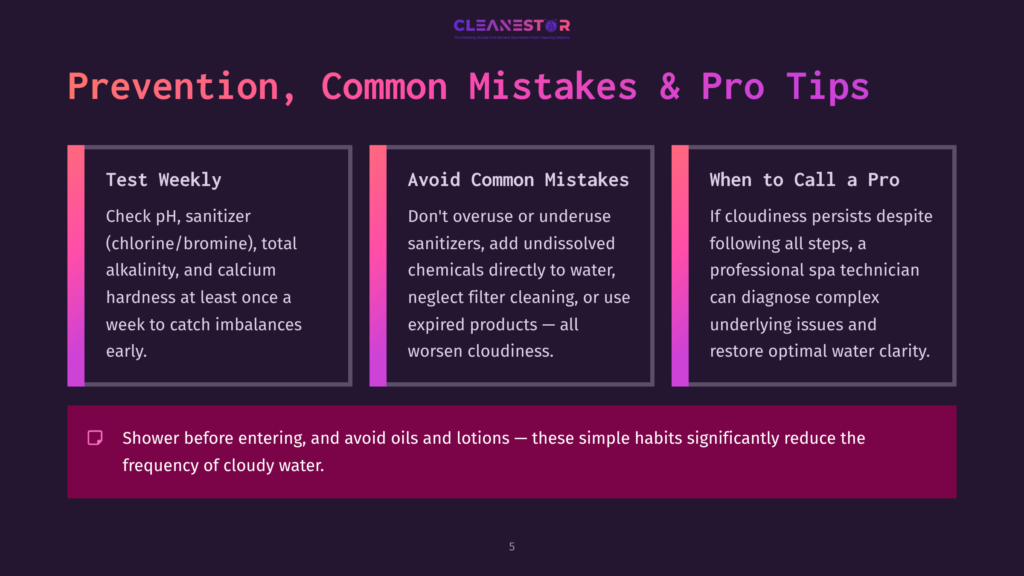 Prevention, Common Mistakes &Amp; Pro Tips For Pool Care: Test Weekly, Avoid Common Mistakes Like Over-Sanitizing, And Know When To Call A Pro. Shower Before Entering And Avoid Oils.