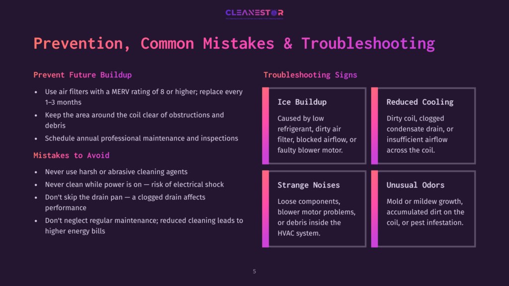 An Infographic Titled &Quot;Prevention, Common Mistakes &Amp; Troubleshooting&Quot; Shows Guidelines For Preventing And Resolving Issues With Hvac Systems. The Section On Prevention Advises Using High-Quality Air Filters, Keeping The Area Around The Coil Clear, And Scheduling Annual Maintenance. Common Mistakes To Avoid Include Using Harsh Cleaning Agents, Skipping The Drain Pan, And Neglecting Regular Maintenance. Troubleshooting Signs Include Ice Buildup, Reduced Cooling, Strange Noises, And Unusual Odors.