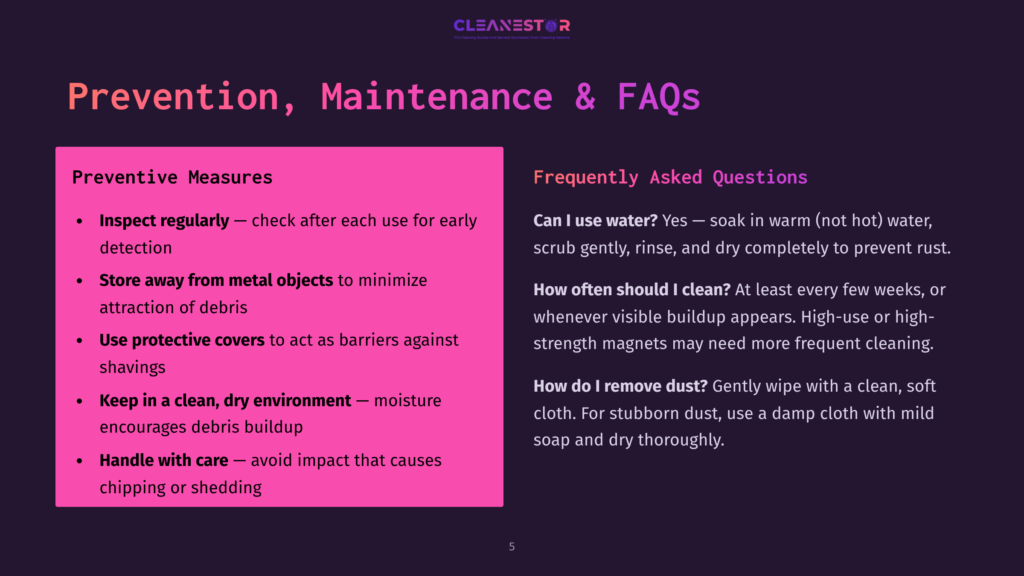 5 Prevention Maintenance And Faqs Infographic Titled &Quot;Prevention, Maintenance &Amp; Faqs&Quot; Featuring A Purple Background With A Pink Box Listing Preventive Measures, Including Inspecting Regularly, Storing Away From Metal Objects, Using Protective Covers, Maintaining A Clean Environment, And Handling With Care To Avoid Chipping Or Shedding.