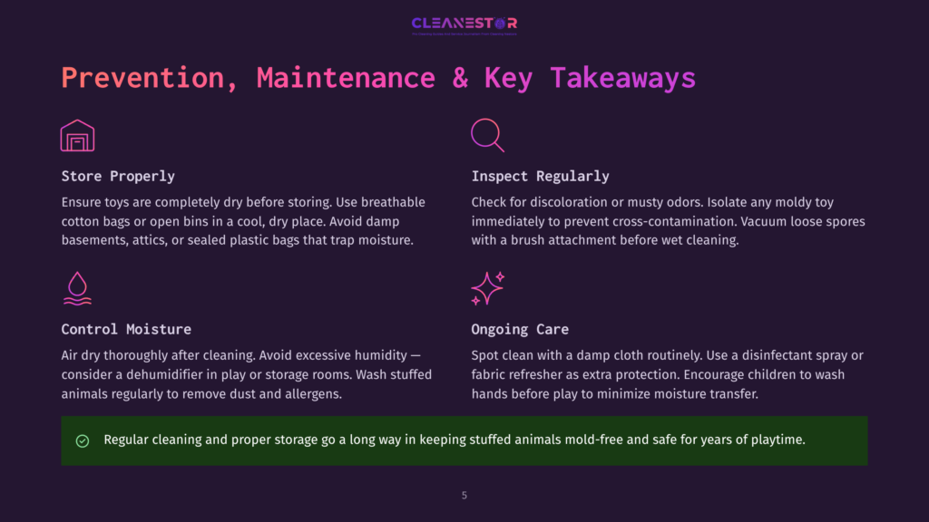 Infographic With Text: &Quot;Prevention, Maintenance &Amp; Key Takeaways&Quot; And Tips For Toy Care, Including &Quot;Store Properly,&Quot; &Quot;Inspect Regularly,&Quot; &Quot;Control Moisture,&Quot; And &Quot;Ongoing Care.