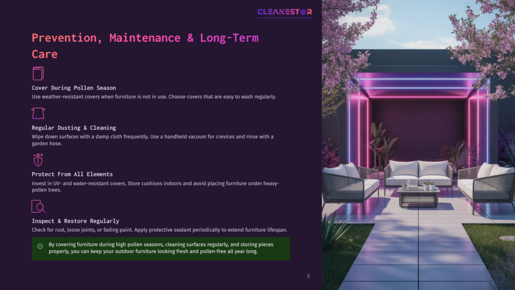 5 Prevention Maintenance And Long Term Care 1 Modern Patio Furniture Set With White Cushions Sits Under A Vibrant Pink And Blue Neon Light Installation In A Lush Garden Setting, With Blooming Pink Trees.