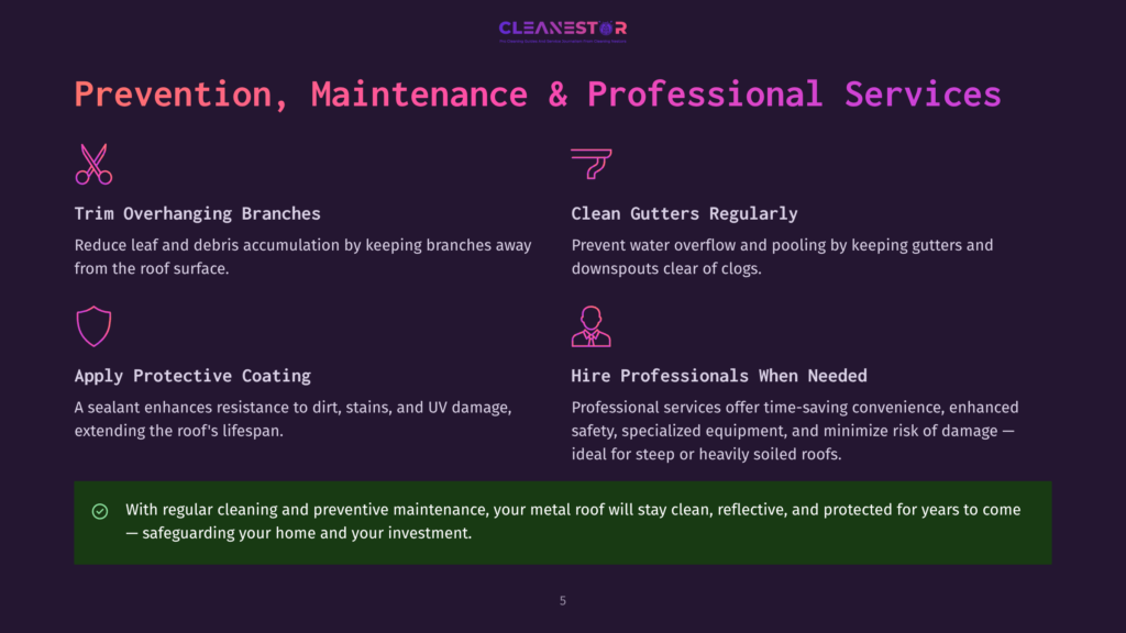 5 Prevention Maintenance And Professional Services Graphic With Icons Representing Roof Maintenance: Scissors For Trimming Branches, A Downspout For Gutter Cleaning, And A Shield For Protective Coating. Text Highlights &Quot;Prevention, Maintenance &Amp; Professional Services&Quot; For Roof Care.