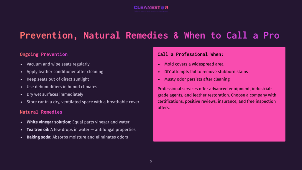 5 Prevention Natural Remedies And When To Call A Pro Presentation Slide Titled &Quot;Prevention, Natural Remedies &Amp; When To Call A Pro&Quot; By Cleanestor, Detailing Diy Prevention Tips Like Vacuuming And Using Dehumidifiers, And Professional Services For Mold And Stubborn Odors.