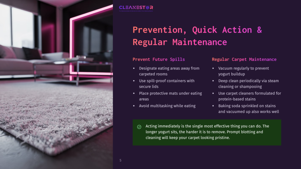 5 Prevention Quick Action And Regular Maintenance Cleanestor Logo At The Top Of A Presentation Slide With Text About Preventing Future Spills And Regular Carpet Maintenance, Including Tips On Vacuuming And Cleaning Protein-Based Stains.
