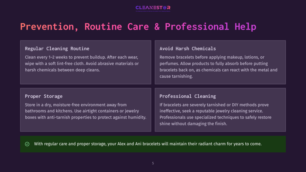 A Dark Purple Slide With The Cleanestor Logo At The Top, Detailing Jewelry Care And Maintenance. It Highlights Prevention, Routine Care, Professional Cleaning, And Proper Storage, With Bullet Points For Each Section And A Concluding Statement About Maintaining Radiant Charm.
