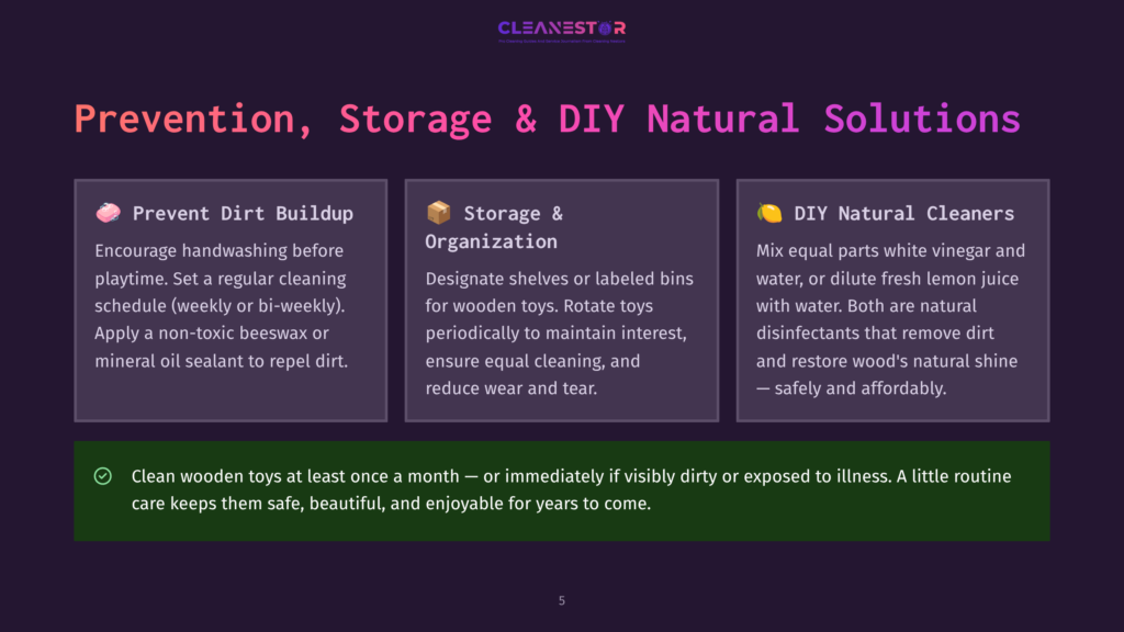 Infographic Titled &Quot;Prevention, Storage &Amp; Diy Natural Solutions&Quot; For Wooden Toys, Detailing Handwashing, Toy Rotation, And Natural Cleaning Recipes With White Vinegar And Lemon.