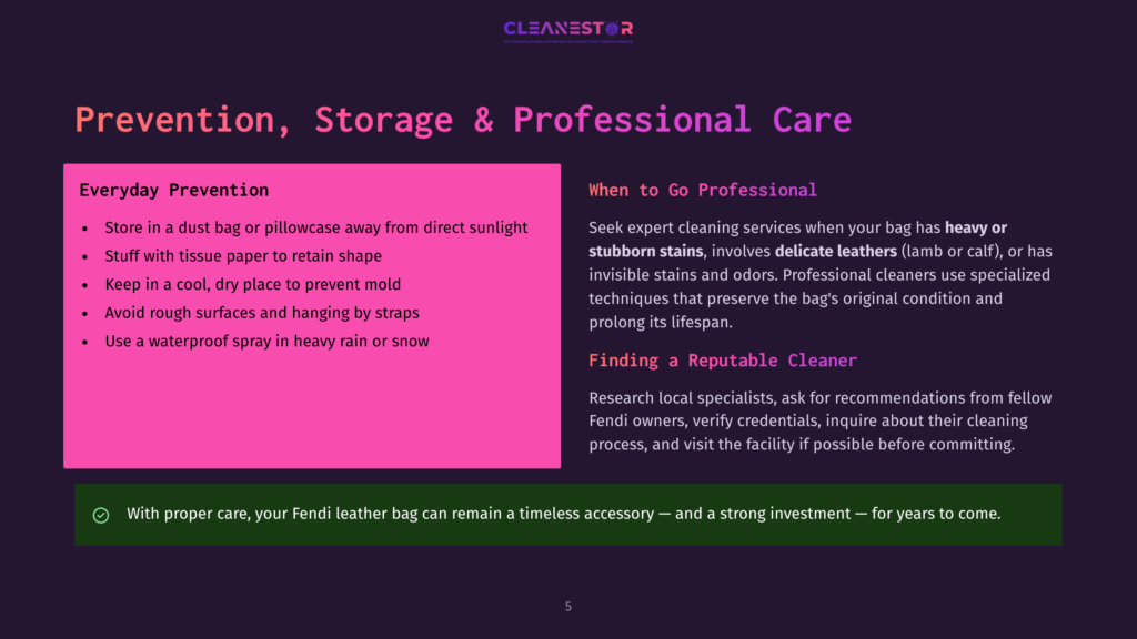 Cleanestor Logo At The Top, With Two Columns Of Text: &Quot;Prevention, Storage &Amp; Professional Care&Quot; And &Quot;Everyday Prevention&Quot; With Bullet Points, And &Quot;When To Go Professional&Quot; With Bullet Points. Text Also Includes &Quot;Heavy Or Stubborn Stains&Quot; And &Quot;Delicate Leathers&Quot;.