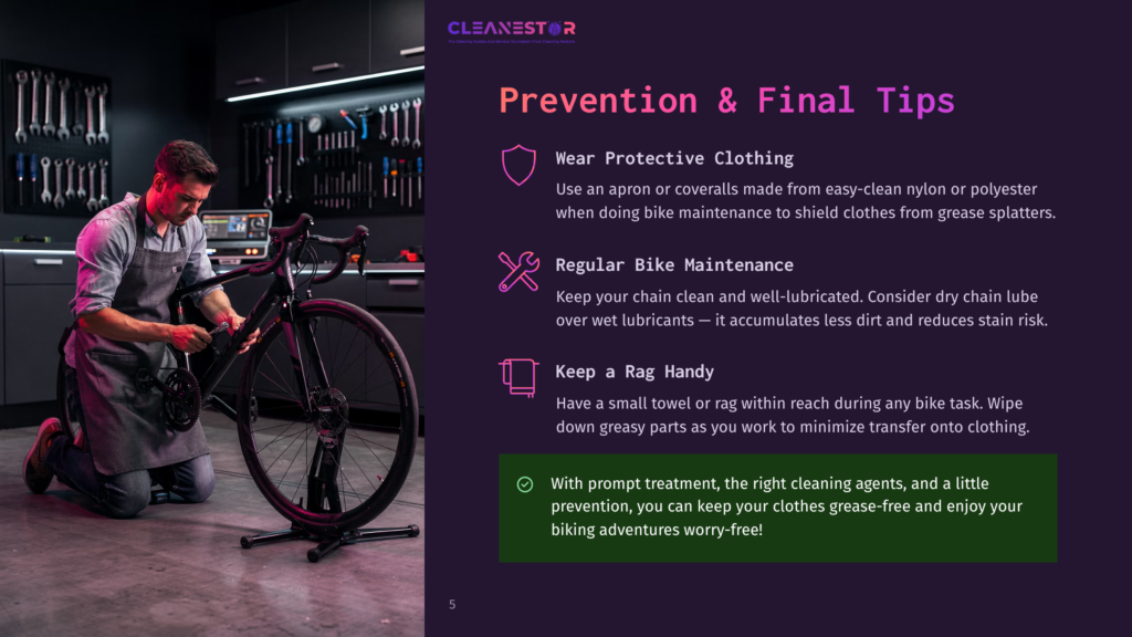 5 Prevention And Final Tips A Man In An Apron Works On A Bicycle Chain In A Well-Lit Workshop, With Tools On The Wall Behind Him. Text On The Right Side Reads &Quot;Cleanestor Prevention &Amp; Final Tips&Quot; And Lists Advice For &Quot;Wear Protective Clothing,&Quot; &Quot;Regular Bike Maintenance,&Quot; And &Quot;Keep A Rag Handy.
