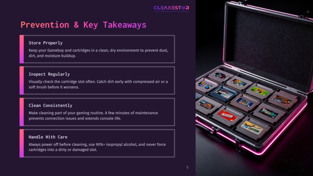 5 Prevention And Key Takeaways 1 An Open Pink Case Filled With Neatly Organized Gameboy Cartridges, With Text Overlays Instructing On Proper Storage, Regular Inspection, Consistent Cleaning, And Careful Handling.