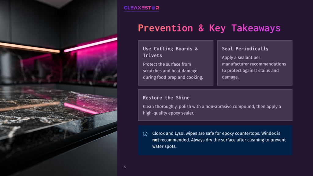 Sleek, Modern Kitchen With Dark Marble Countertops And Vibrant Pink Led Lighting. The Image Also Features Text About Preventing Damage To Epoxy Sealers And Countertops.