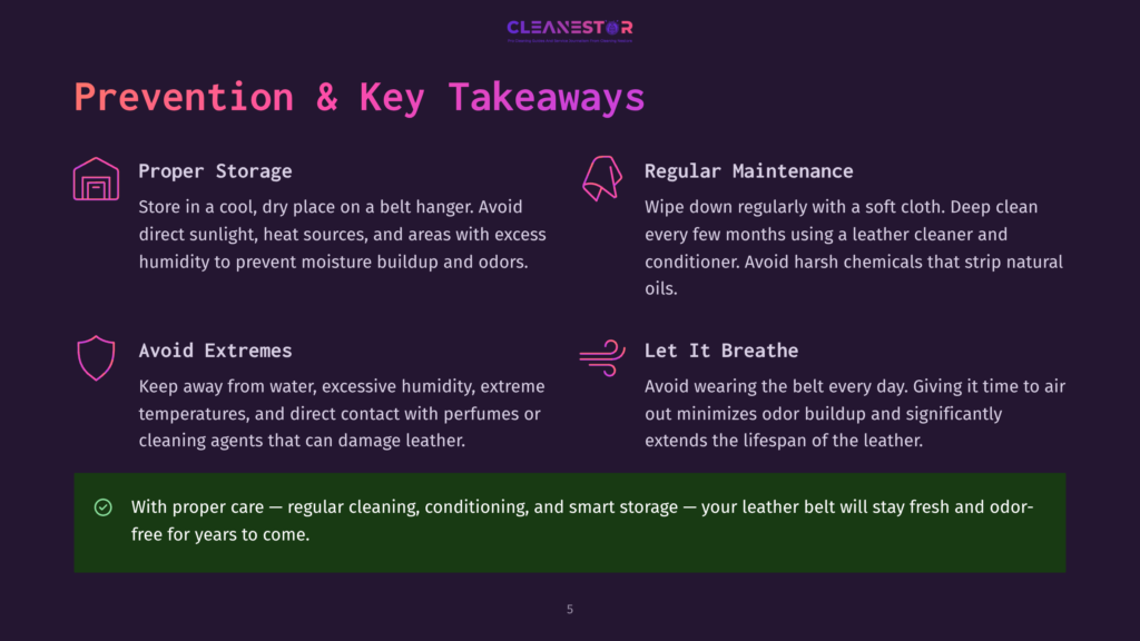 Infographic With Text &Quot;Prevention &Amp; Key Takeaways&Quot; And Bullet Points On Proper Storage, Avoiding Extremes, Regular Maintenance, And Letting It Breathe For Leather Belt Care.