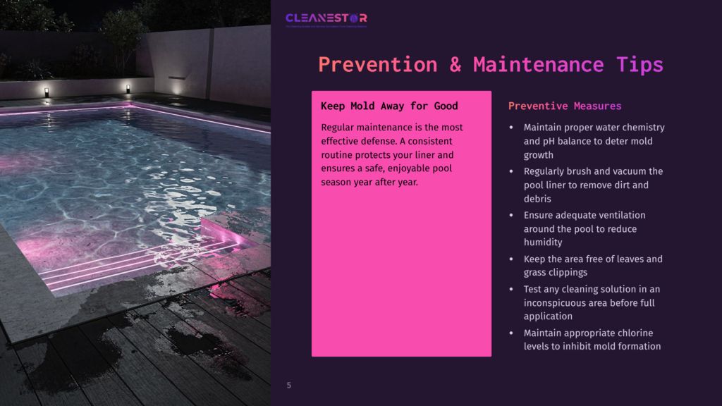 A Pristine, Modern Swimming Pool At Night, Illuminated By Vibrant Pink Underwater Lights. The Dark Water Reflects The Glow, Creating A Luxurious And Inviting Atmosphere. Text Overlay Reads: &Quot;Cleanestor Prevention &Amp; Maintenance Tips&Quot;.