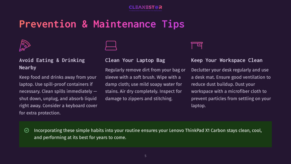 Prevention &Amp; Maintenance Tips For Lenovo Thinkpad X1 Carbon: Avoid Eating And Drinking, Clean Your Laptop, And Keep Your Workspace Clean. Includes Icons For Each Tip.