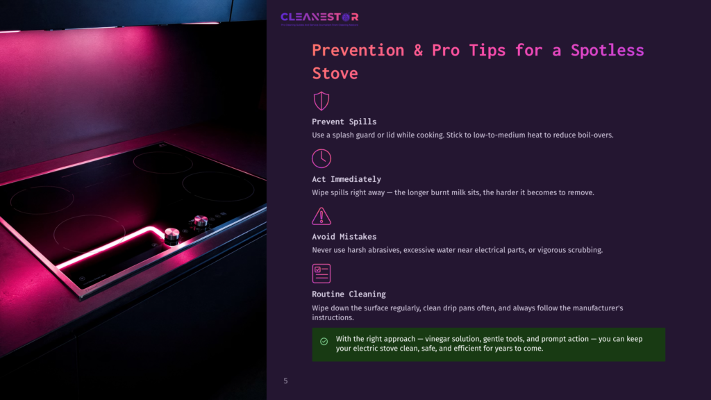 Cleanestor Logo And &Quot;Prevention &Amp; Pro Tips For A Spotless Stove&Quot; Text Overlayed On A Modern Induction Cooktop With Pink Mood Lighting.