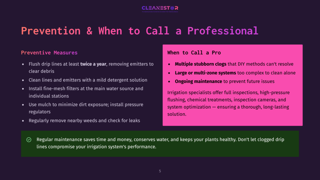 Slide Titled &Quot;Prevention &Amp; When To Call A Professional&Quot; With Text On Preventing Irrigation System Issues And When To Call A Professional For Irrigation System Maintenance.