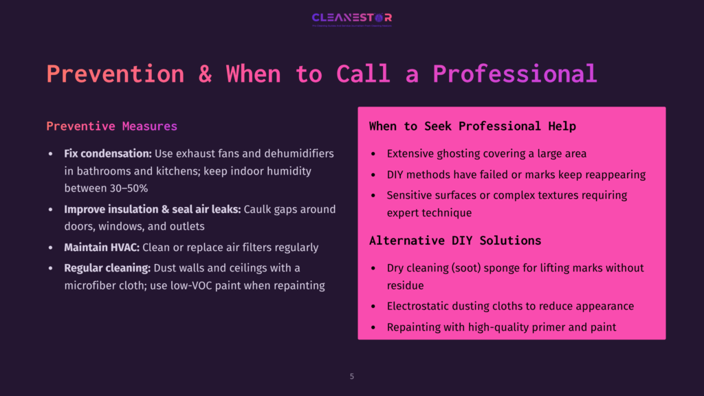 A Purple-Themed Infographic Titled &Quot;Prevention &Amp; When To Call A Professional&Quot; Displays Tips For Preventing Condensation And Ghosting, Including Using Exhaust Fans, Maintaining Indoor Humidity, And Improving Insulation. It Also Lists Scenarios Where Professional Help Is Needed, Such As When Diy Methods Fail Or When Complex Textures Require Expert Technique.
